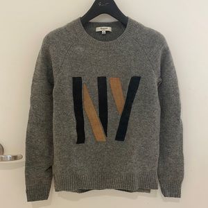 Madewell wool sweater with leather appliqué letters (NY).